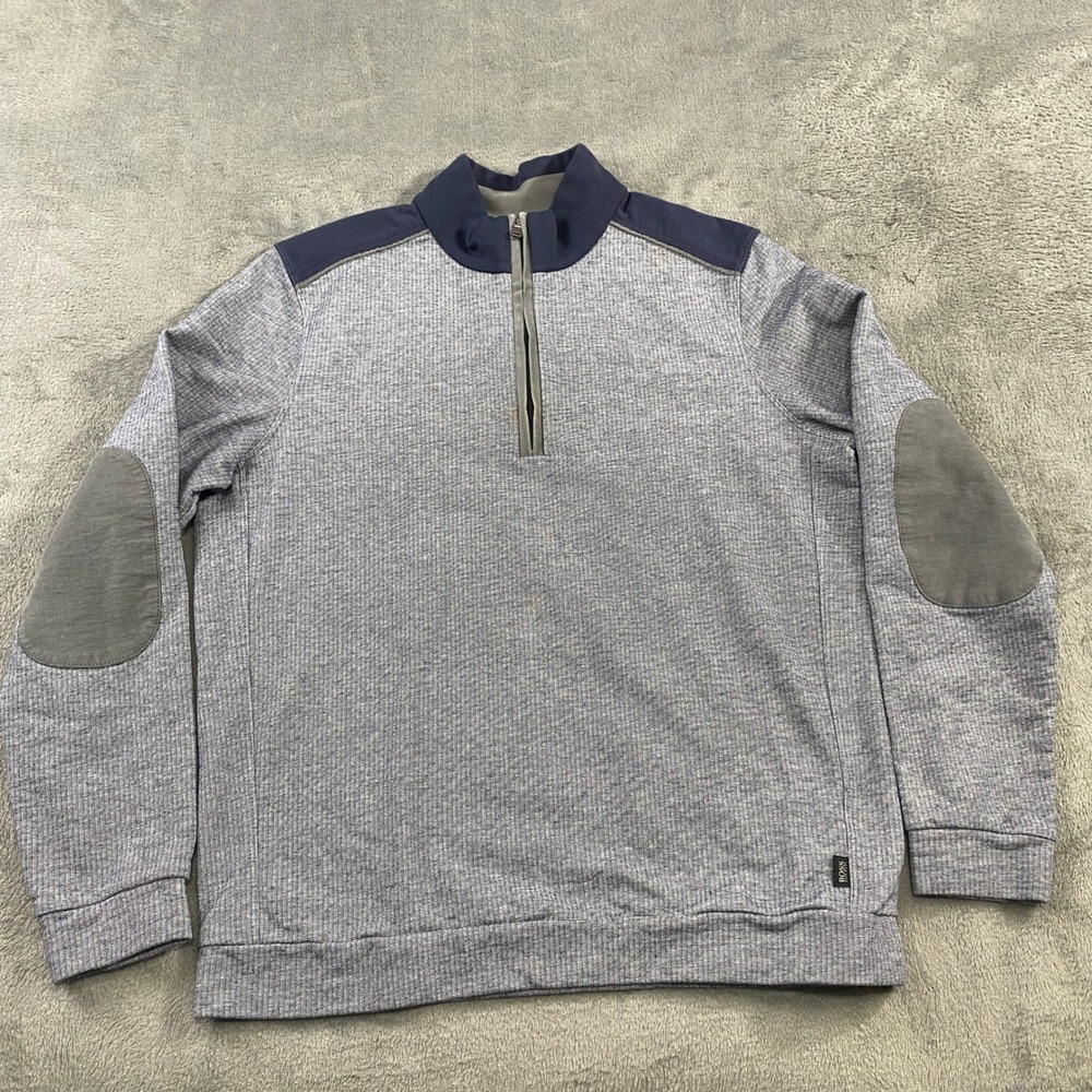 Hugo Boss Pullover‎ Sweater 1/4 Zip Men L Elbow Patch Gray Blue Corduroy Collar